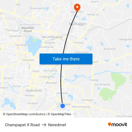 Champapet X Road to Neredmet map