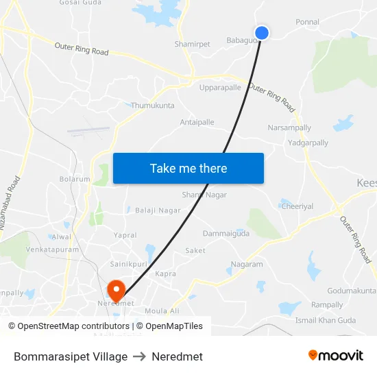 Bommarasipet Village to Neredmet map