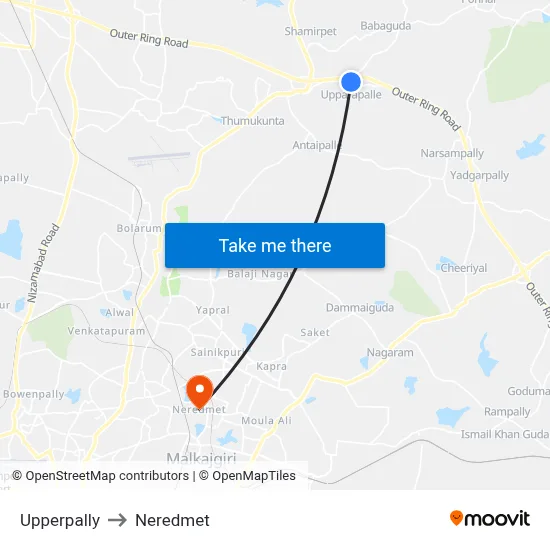 Upperpally to Neredmet map