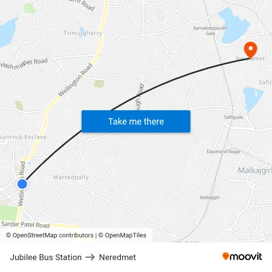 Jubilee Bus Station to Neredmet map