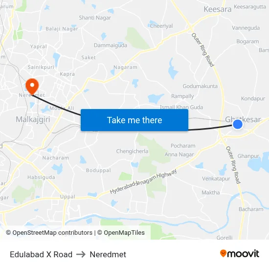 Edulabad X Road to Neredmet map