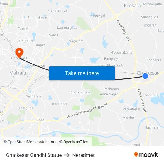 Ghatkesar Gandhi Statue to Neredmet map
