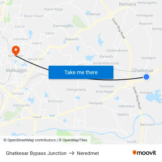 Ghatkesar Bypass Junction to Neredmet map