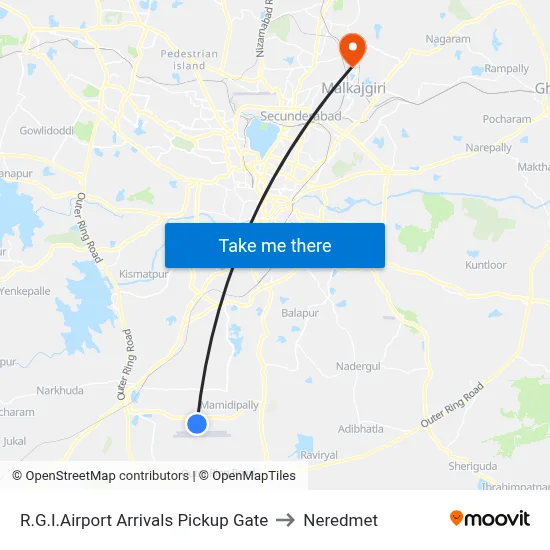 R.G.I.Airport Arrivals Pickup Gate to Neredmet map