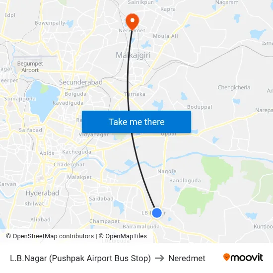 L.B.Nagar (Pushpak Airport Bus Stop) to Neredmet map