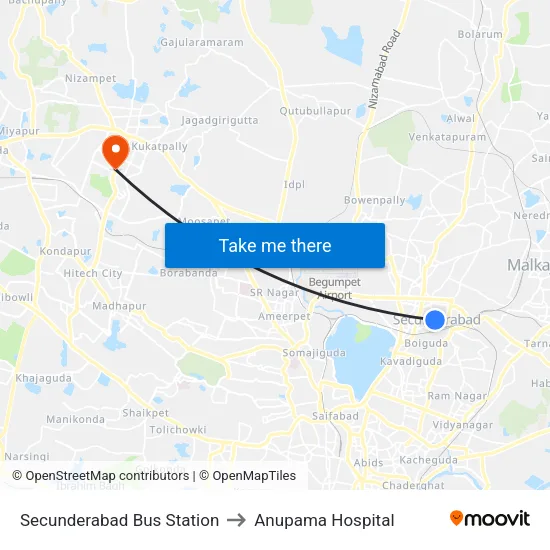 Secunderabad Bus Station to Anupama Hospital map