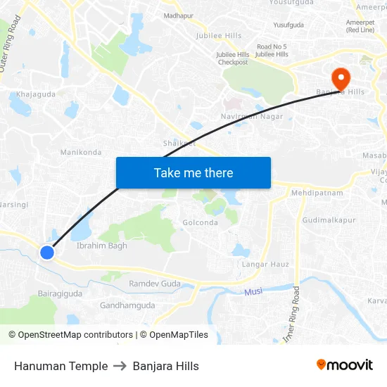 Hanuman Temple to Banjara Hills map