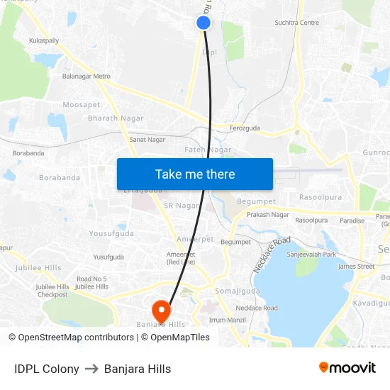 IDPL Colony to Banjara Hills map