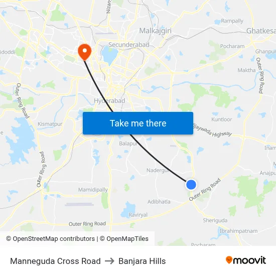 Manneguda Cross Road to Banjara Hills map