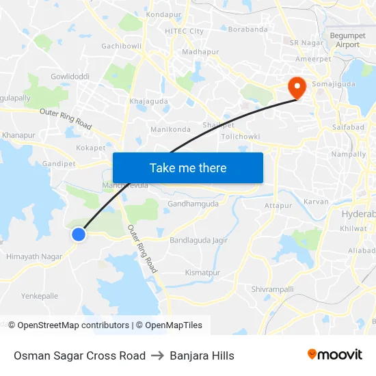 Osman Sagar Cross Road to Banjara Hills map