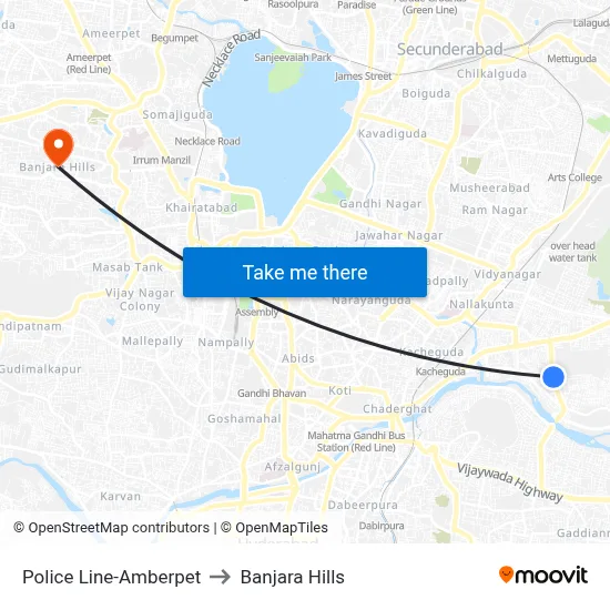 Police Line-Amberpet to Banjara Hills map