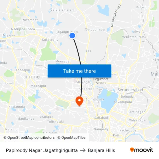 Papireddy Nagar Twd JBS to Banjara Hills map