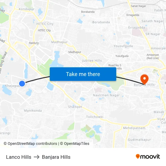 Lanco Hills Twd Mehidipatnam to Banjara Hills map