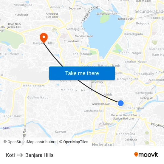 Koti Bus Terminal to Banjara Hills map