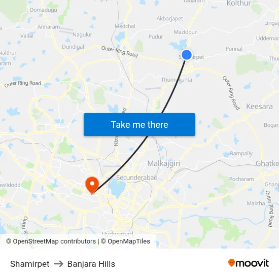Shamirpet to Banjara Hills map