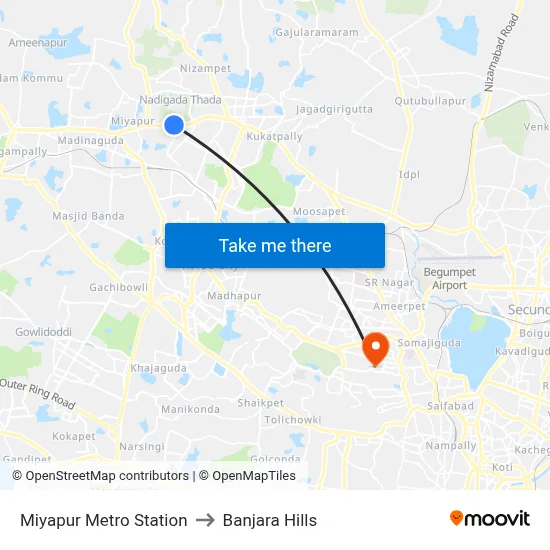 Miyapur Metro Station to Banjara Hills map