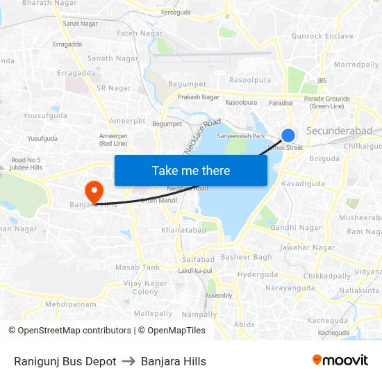 Ranigunj Twd Paradise to Banjara Hills map