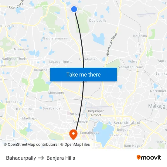Bahadurpally Twd Jeedimetla to Banjara Hills map