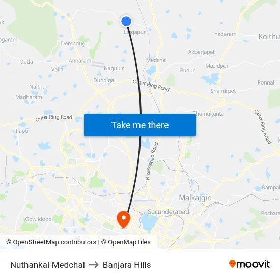 Nuthankal-Medchal to Banjara Hills map