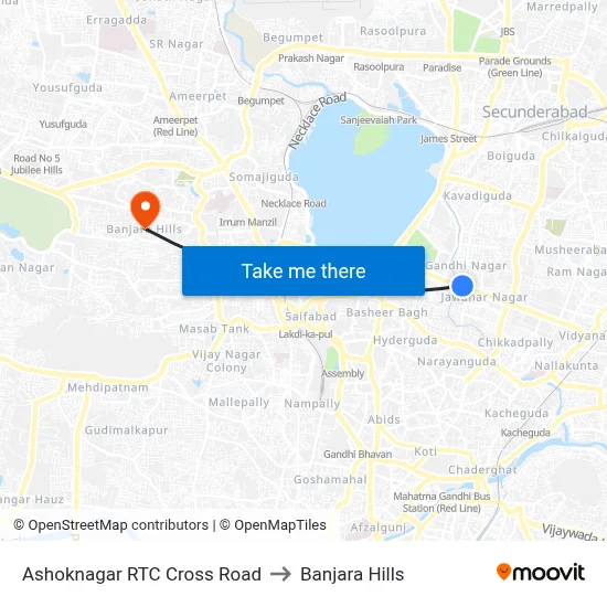 Ashoknagar RTC Cross Road to Banjara Hills map