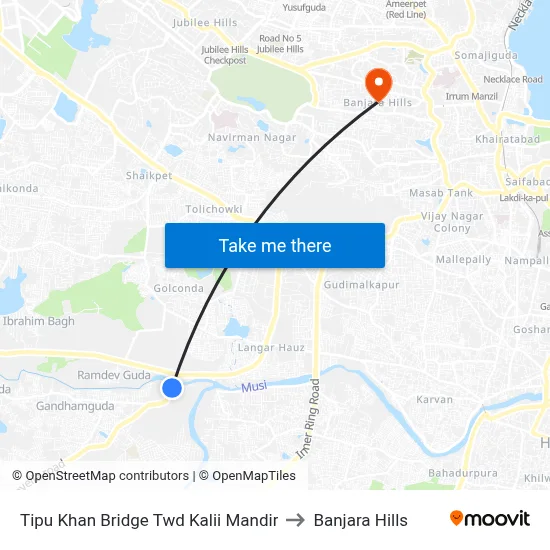 Tipu Khan Bridge Twd Kalii Mandir to Banjara Hills map