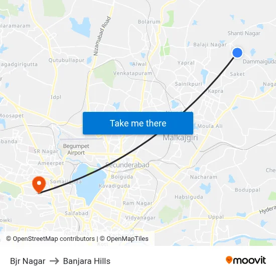 Bjr Nagar to Banjara Hills map