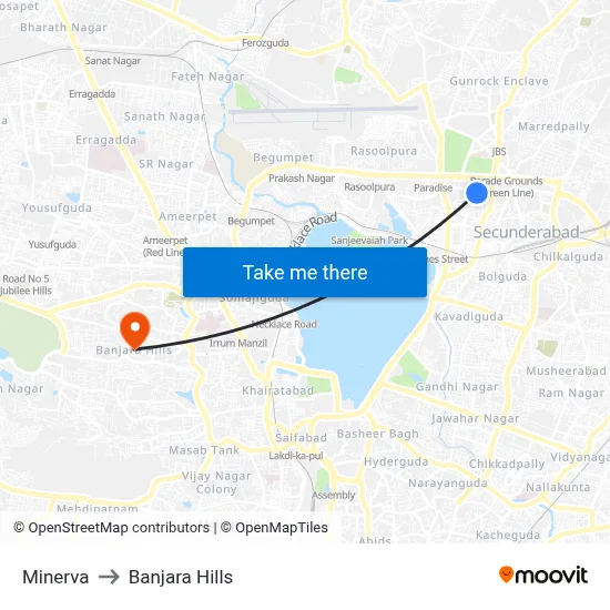 Minerva to Banjara Hills map