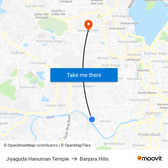Jiyaguda Hanuman Temple to Banjara Hills map