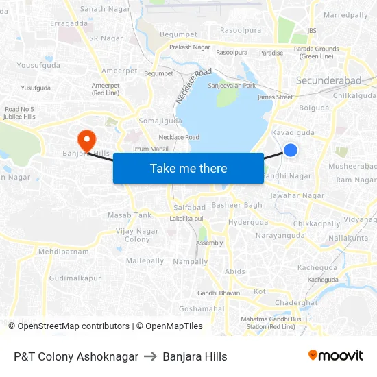 P&T Colony Ashoknagar to Banjara Hills map