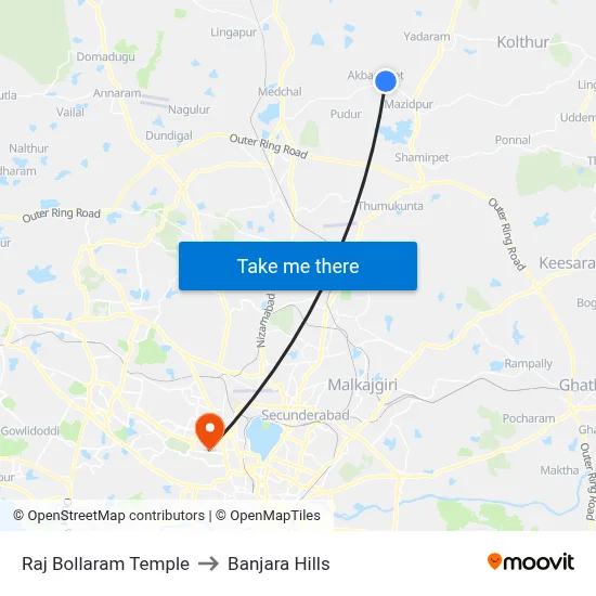 Rajbollaram Temple Twd Medchal to Banjara Hills map