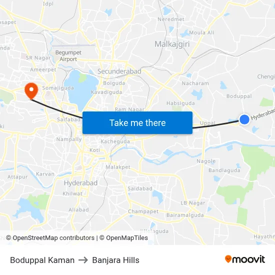 Boduppal Kamman Twd Indiranagar to Banjara Hills map