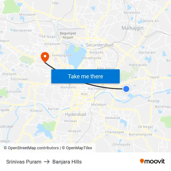 Srinivashpuram Twd Vr Reddy Nagar to Banjara Hills map