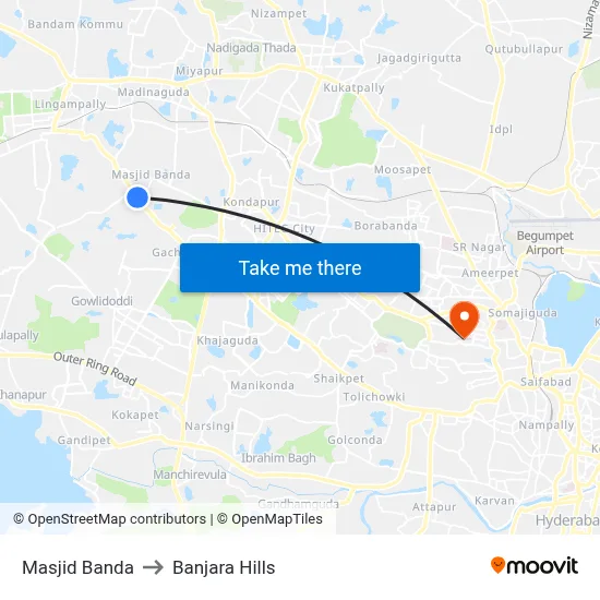 Masjid Banda to Banjara Hills map