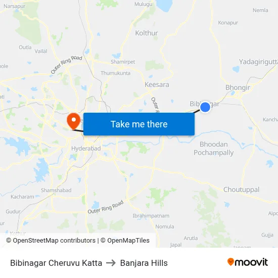 Bibinagar Cheruvu Katta Twd Bibinagar to Banjara Hills map