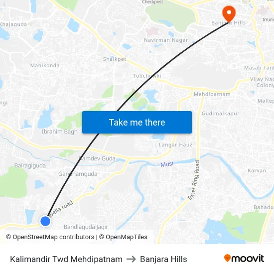 Kalimandir Twd Mehdipatnam to Banjara Hills map