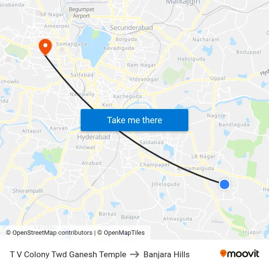 T V Colony Twd Ganesh Temple to Banjara Hills map