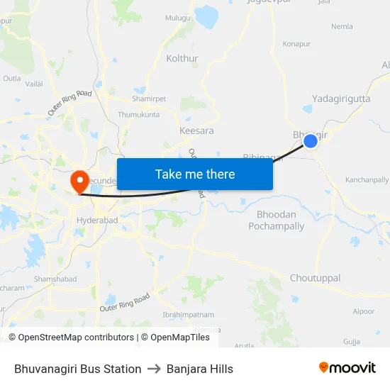 Bhuvanagiri Bus Station to Banjara Hills map