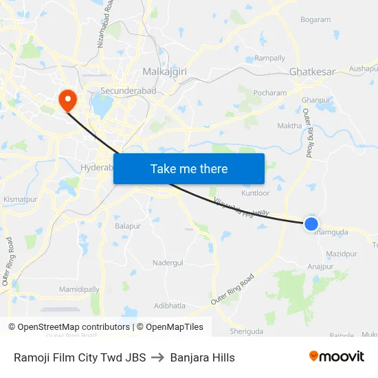 Ramoji Film City Twd JBS to Banjara Hills map