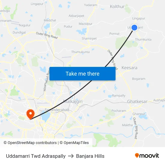 Uddamarri Twd Adraspally to Banjara Hills map