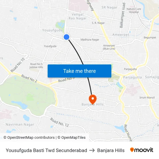 Yousufguda Basti  Twd Secunderabad to Banjara Hills map