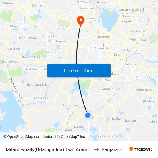 Milardevpally(Udamgadda) Twd Aramgarh to Banjara Hills map