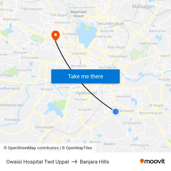 Owaisi Hospital Twd Uppal to Banjara Hills map