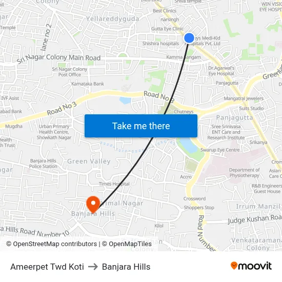 Ameerpet Twd Koti to Banjara Hills map