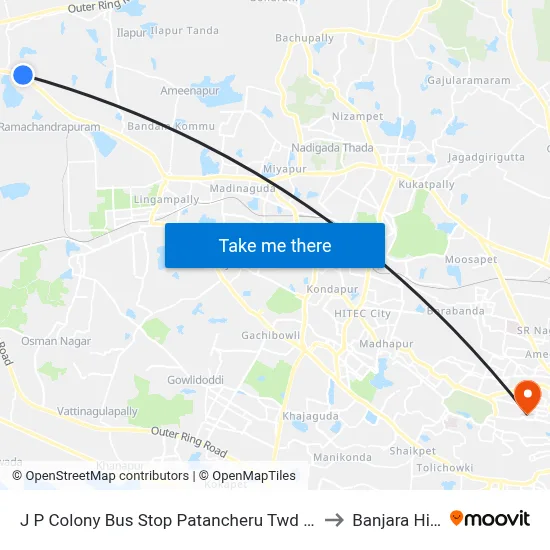 J P Colony Bus Stop Patancheru  Twd JBS to Banjara Hills map
