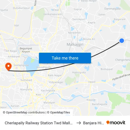Cherlapally Railway Station Twd Mallapur to Banjara Hills map