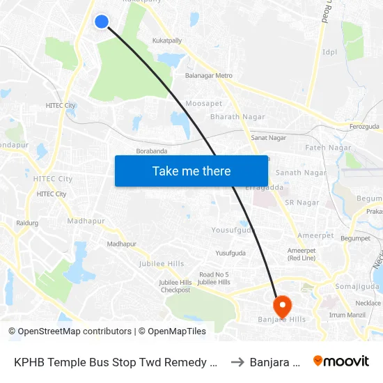 KPHB Temple Bus Stop Twd Remedy Hospital to Banjara Hills map