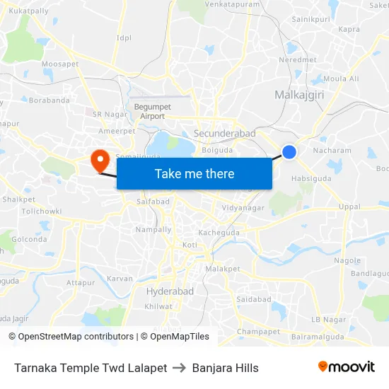 Tarnaka Temple Twd Lalapet to Banjara Hills map