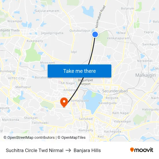 Suchitra Circle Twd Nirmal to Banjara Hills map