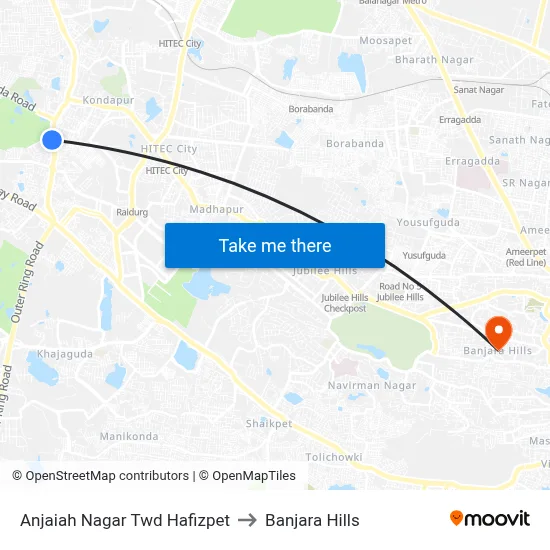 Anjaiah Nagar Twd Hafizpet to Banjara Hills map
