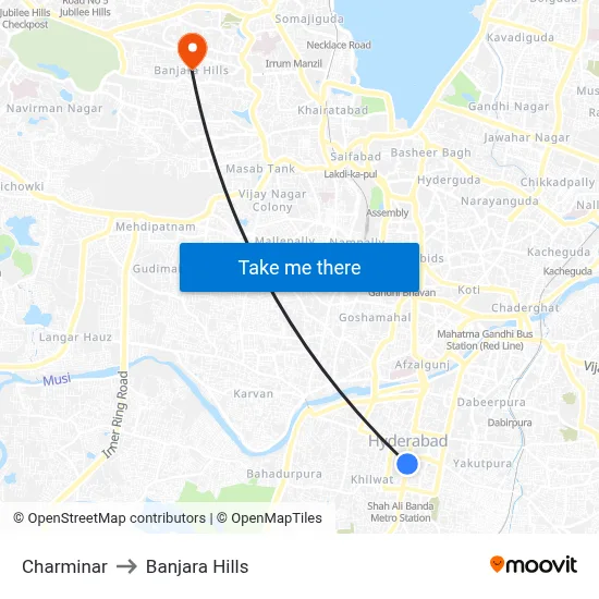 Charminar to Banjara Hills map